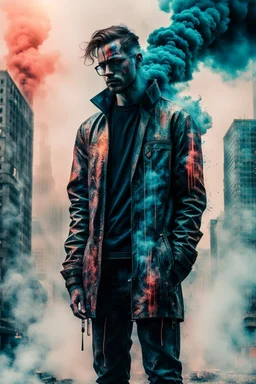 an impasto and tint line photo of a sad cyberpunk man standing in front of a city made of smoke, ink leak, bronze - skinned, (front view:1.6), geometric curves, featured art, philosophical splashes of colors, art brought to life, soul shock