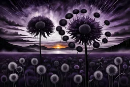 dark purple Sunset with big black Dandelions, , high textures, surreal style by dali, klee, bosch, weird, white-black colors, silver rain, sharp focus, splash art, intricately detailed, mystic, dark stunning mood