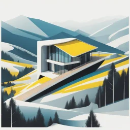 Minimalist illustration of a Zaha Hadid style country cabin in the mountains art nouvea color black white blue and yellow aerial view