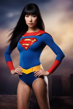 an extremely muscular 18-year-old Leonarda Spockinski Nimoy with long, straight black hair, the bangs cut straight across the forehead, as Bat-Supergirl - gradated Background, professional quality studio 8x10 UHD Digital photograph by Scott Kendall - multicolored spotlight, Photorealistic, realistic stock photo, Professional quality Photograph. colored Fog - Multicolored lightning, 3D heart