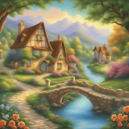 A charming country village tucked away amidst lush greenery and colorful blooms, with enchanting homes that seem to have sprung straight out of a fairytale. A meandering river flows through the picturesque landscape, adding a sense of tranquility to this whimsical scene. The vibrant vegetation surrounding the village paints a joyful tapestry, inviting you into a world of magic and wonder.