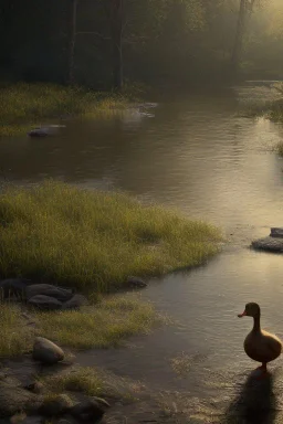 eine ente steht am bach neben einem wald bei sonnenuntergang fantasy art