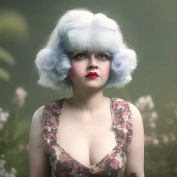 Clara bow with white hair, big sad eyes, flowers, in the sun