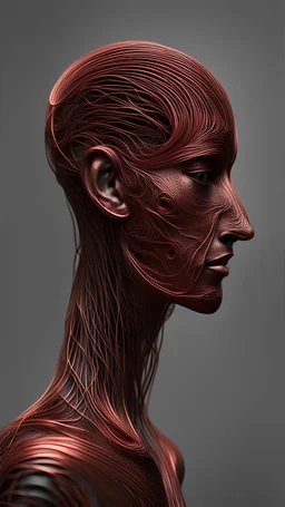 captivating minimalist artwork by Sozdatel, featuring a mesmerizing close-up of a figure with sharply carved features. The figure's contemplative gaze evokes a sense of introspection and depth. The foreground showcases the figure's hand and neck wrapped in polished copper wire, representing an intricate and fantastical design. The figure dons a black and red attire, masterfully blending Victorian and Baroque elements. The foreground also features a stylized steampunk top hat, adorned with a long