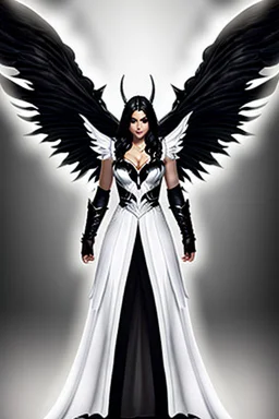 angel, demon, angel demon hybrid, half angel, half demon, black angel wings, white demon wings, black and white, balance, horns, armor, noble clothes, black and white armor, black and white clothes