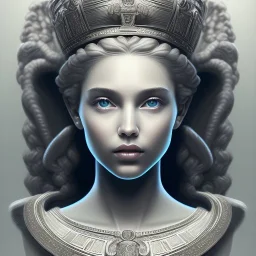 Oliver Barrett art style Portrait of Greek Mythology Goddess Athena " with white elegant old greek apparel and Laurel crown.extremely detailed face, ,perfectly centered image,intricate detail.dark hair, sharp dark eyes, bright blue lighting, sarcastic smile, sharp focus hair.