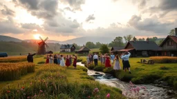 group of people are dancing in a national celebration in a village over high grassy hills,a small fall and river and wild flowers at river sides, trees houses ,next to Ripe wheat ready for harvest farm,windmill ,a few village local shops .people are dancing in a wedding celebration,cloudy sun set sky,a few village local shops