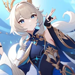 Clear Focus, High resolution, Genshin, white fluffy medium hair, blue eyes, dark blue sleeveless crop top, cut sleeves are white for the main color and secondary color is dark blue, wearing a short white skirt, wearing black fingerless gloves, golden antlers, Line art