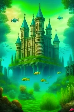 underwater castle with beautiful mermaids swimming around
