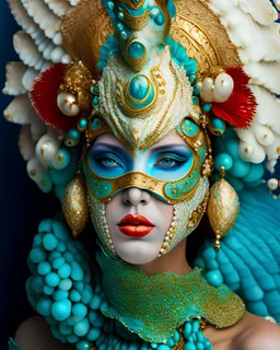 Beautiful woman portrait, adorned with white blue and turquoise and jade and malachite ribbed mineral stone colours and beige eggshell ocous and sea horse colour and brown and coralls red mollusk shell headdress, venetian style mollusk shell face masque and wearing sea costume armour ribbed with irridescent bioluminescense Golden dust and mollusk shell ribbed costume organic bio spinal ribbed detail of full floral and bokeh coralls sea lights mollusk shell background extremely detailed hyperreal