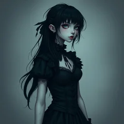a pretty girl, skinny, dark hair, gothic clothes, dark fantasy, pale, stylised