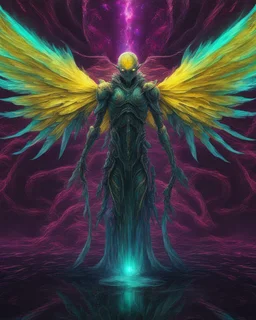 cosmic environment, rotten fallen archangel, ((yellow glowy eyes)), biomechanical, eerie, creepy, nightmarish, very bright colors, splash of teal and magenta, light particles, bioluminescence, Mschiffer, wallpaper art, UHD wallpaper