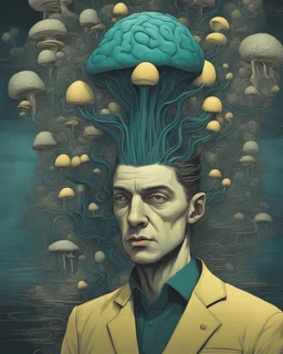 a man's head that has a brain in it, in the style of surreal cyberpunk iconography, dark teal and light yellow, surrealistic horror painter, mushroomcore, intricate underwater worlds, detailed character design, uhd image