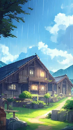 heaven, green, wooden house, cloud, green hill, sky, blue, big mountain, rain droplet, shine