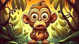 fantasy cartoon style illustration: small brown monkey is very afraid