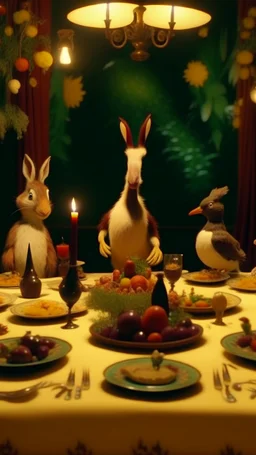 frame from a Wes Anderson film, full shot of the rabbit family at a sober celebration dinner in the Garden of Earthly Delights, small electric light bulbs on the table, birds on the table, grapes hanging, elegant and perfect composition