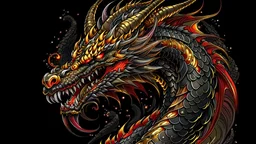 Detailed Illustration of Powerfull Dragon, Black & Gold Colors, Legendary, Cosmic Background, Whole Body 8K High Quality, Red Eye