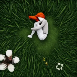 A lonely man is hugging his knees and sleeping in the meadow