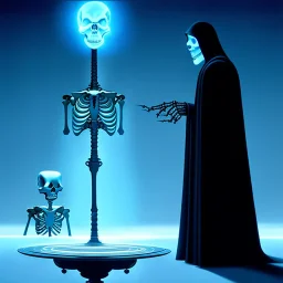 The Grim Reaper and the Skeleton in Tron world, discussing the future of the universe, art by Magritte and Pixar