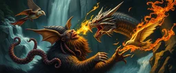 octopus bird witch bear dragon waterfall looks beyond really powerful slapping a bird in the face with fire, fantasy illustration, in the style of Rembrandt