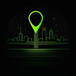 Outline logo of a #location pin, #neon green lines, glowing, flat design, #night sky background color