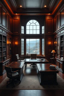 Picture of a study with mahogany panelled walls, a large landscape window and a large mahogany desk, photorealistic, dark fantasy, 4k