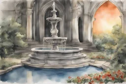 Beautiful fountain at sun rise, In elaborately decorated stain glass window, a warm glow, created in inkwash and watercolor, art style of Olivier Coipel, HACCAN, illustrator 由良 Yura, 山田章博 Yamada Akihiro, 四々九 Yoshiku, GANMO＃