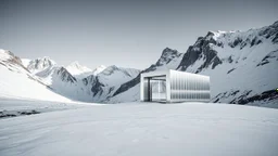 Arquitecturas mínimas: refugio de una sola pieza en aluminio anodizado, ubicada en monte de picos y nieve, con luz de reflejos en metal, representada en estilo de estilo de fotografía de infrared. Imagen limpia, esencial, contemplativa, alta calidad.