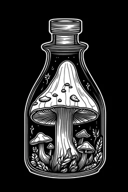 outline art for Mushroom in a bottle pages for kids 2 age , black background, easy, sketch style, only use outline, clean line art, black background