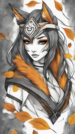 bits of color, furistic Sketch book, hand drawn, dark, gritty, realistic sketch, Rough sketch, mix of bold dark lines and loose lines, bold lines, on paper, ahari, fox girl, league of legends, eyes mask, leaves, animals, runes, dark theme,