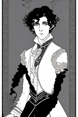 Black haired blue eyed freckled young male warlock in the style of aubrey beardsley