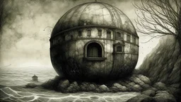 LARGE MINIMALIST SPHERICAL BUILDING ON ROCKY BEACH, Etching, Grunge metal, Autumn, Ornate, Victorian outfit