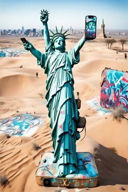 up-close digital image of the statue of liberty, covered in graffiti , holding a cellphone and taking a selfie while smiling,a Louis Vuitton bag over shoulder, standing alone In a deserted desert