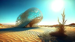 A digital illustration showcasing a futuristic desert scene where a metallic structure resembling a tongue emerges from the sandy ground, reaching towards the crystal-clear sea in the distance. The juxtaposition of natural elements and man-made technology creates a sense of mystery and intrigue, with the bright sun reflecting off the metallic surface and casting shimmering patterns on the water