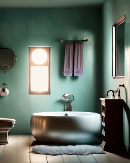 Bathroom scene, big hair monster into bath, Wes Anderson style, realistic photo, realistic image, concept art, smooth, unreal engine 5, god lights, ray tracing, RTX, lumen lighting, ultra detail, volumetric lighting, 3d.