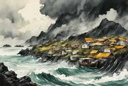 an abstract ink wash and watercolor lithographic illustration of a storm tossed, highly detailed coastal fishing village in the mountainous islands of Lofoten , with ominous storm of the century thunderheads and pounding surf , finely drawn and inked, 4k, hyper detailed and vibrantly colored in the comic art style of Bill Sienkiewicz and Frank Miller