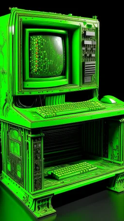 A lime green cybernetic computer painted by Claude Monet