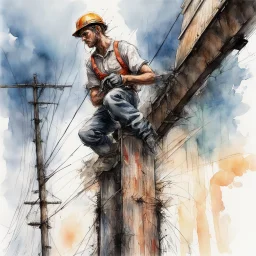 medium brush stroke Watercolor and ink illustration, Epic, long shot perspective of electrical worker doing line work on a telephone pole, art by Luis Royo and Renoir, trending on artstation, dynamic composition, graffiti art splash art, colorful polychromatic, ink leak, rough strokes, complex contrast, CGSociety, 3d shading