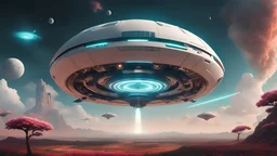 An whitte and metal ufo , very precise, hublot with color blueflying above magic big flower, outer space,double hull vanishing point, super highway, high speed, digital render,around line turquoise, digital painting, beeple, noah bradley, cyril roland, ross tran, trending on artstation, background stars in the sky,UFO, METAL UFO very cut out, very beautiful, shiny, blue colored porthole, very technical, cosmic sky with galaxi and stars,