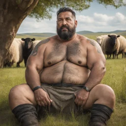 close up of a 48 year old marocan shepherd tattoed, sturdy, hairy muscular chubby, with short black beard and big nose, relaxes sitting leaning against a tree in the middle of a meadow full of grazing sheep, shirtless with ruined old shorts, strong and muscular hairy legs, bare feet, photorealistic bucolic scene, view from the bottom