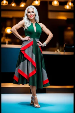 full body of very beautiful ukrain lady wearing green_black pretty midi flared dress ,white gray hair ,standing idle happy pose in studio