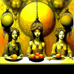 Alphonse Mucha Apples. Pears. Grapes. Dishes. Oranges. Wood table.
