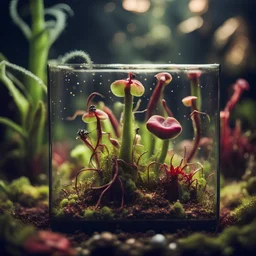 close up of horrific carnivore plant in a glass square terrarium with other vegetation and dead flies on the ground, sharp focus, high contrast, dark tone, bright vibrant colors, cinematic masterpiece, shallow depth of field, bokeh, sparks, glitter, 16k resolution, photorealistic, intricate details, dramatic natural lighting