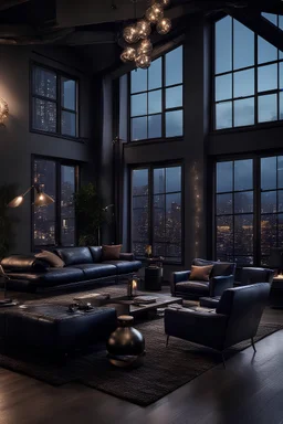 interior view of a modern luxury loft for a bachelor with huge windows with the city lights in the background. it is a night and the interior of the space is decorated masculinely with dark tones, navy blue leather wing back chairs, a fireplace, tall ceilings, industrial, cocktail on the table, elegant wealth