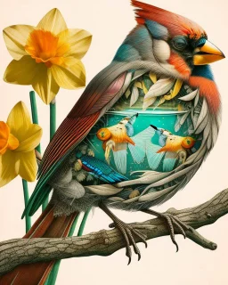 surreal mixed-media illustration of a Blue Jay perched on a textured branch, depicted with a semi-transparent body that reveals an internal aquatic scene.Inside the bird’s torso, Angelfish swim gently in clear water, rendered with scientific-illustration precision and soft painterly textures.The bird’s feathers combine natural realism with subtle graphic stylization, including layered patterns and delicate linework.Surrounding the branch are daffodils and roses, illustrated in a vintage botanica