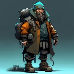 street vandal cyperpunk dwarf with cybernetic legs, dressed with a coat and beanie