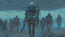 (Bio-engineered undead skeleton machine army) marching, (menacing), glowing eyes, tactical wear, gas masks, dark winter landscape, techno gothic aesthetic, epic, science fiction painting, (Denis Sarazhin, Alex Colville, Simon Stålenhag, Neil Blomkamp, Christopher Shy, Alejandro Burdisio, Tye Myartinez, ominous sky), RAW, gritty, high contrast, atmospheric horror art, vivid, neon overlay, harsh textures, dramatic, surreal horror, retro futuristic, nightmarish art, apocalyptic, atypical art