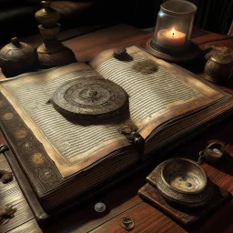 un grimoire ouvert posée sur une table, fantasy style