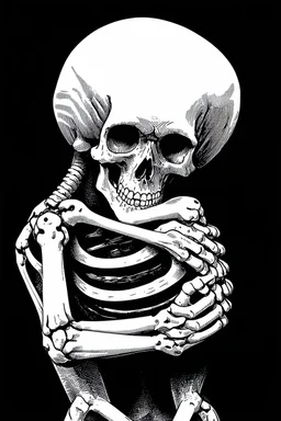 Black And White Graphic Of a Skeleton Hugging Itself