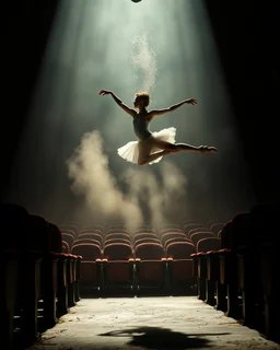 Ballet dancer mid-leap in abandoned theater, dust particles floating in spotlight, torn velvet seats in shadows, dramatic chiaroscuro lighting